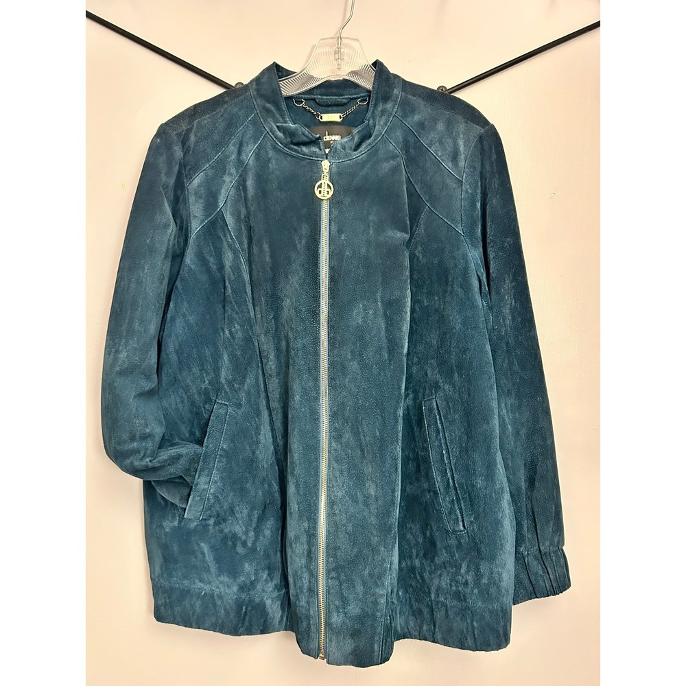 Dennis Basso Teal Blue Genuine Suede Zip Up Jacket Plus Size 1X Bomber Style